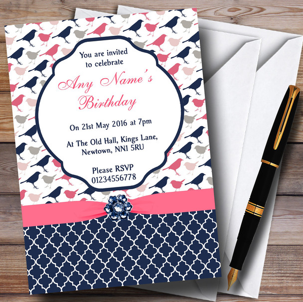 Navy Blue and Coral Pink Shabby Chic Birds Personalised Birthday Party Invitations
