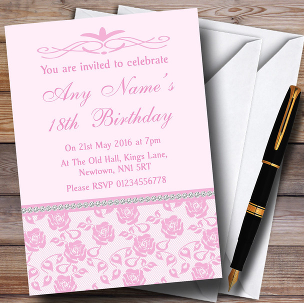 Pretty Baby Rose Pink Floral Diamante Personalised Birthday Party Invitations