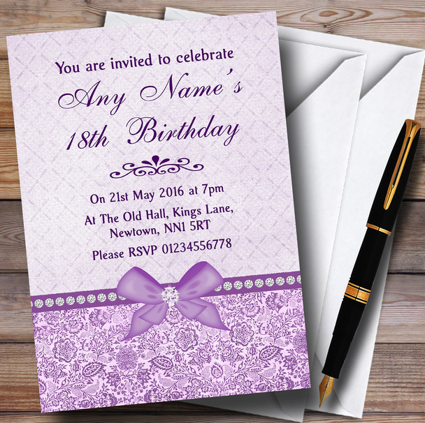 Pretty Floral Vintage Bow & Diamante Lilac Personalised Birthday Party Invitations