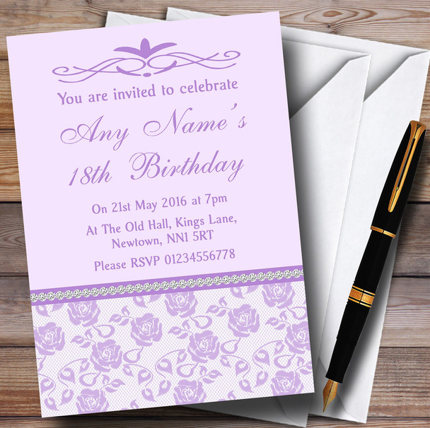 Pretty Lilac Purple Floral Diamante Personalised Birthday Party Invitations