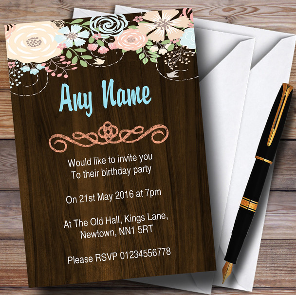 Shabby Chic Pastel And Wood Personalised Birthday Party Invitations