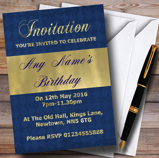 Blue And Glitter Look Gold Birthday Party Personalised Invitations