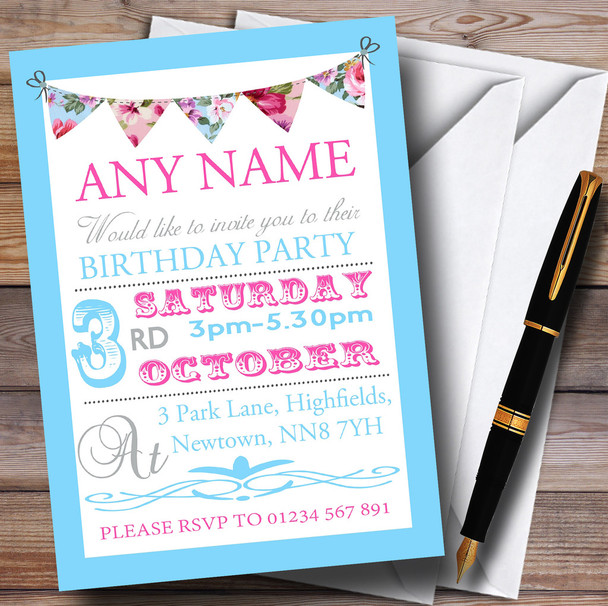 Blue And Pink Vintage Bunting Shabby Chic Tea Garden Birthday Party Personalised Invitations