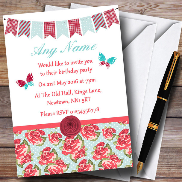 Vintage Shabby Chic Coral Rose Butterfly Personalised Birthday Party Invitations