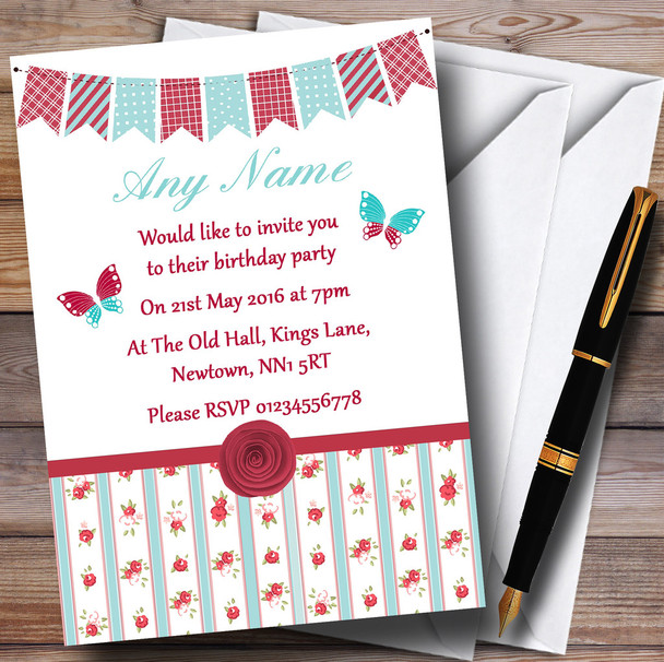 Vintage Shabby Chic Red Rose Butterfly Personalised Birthday Party Invitations