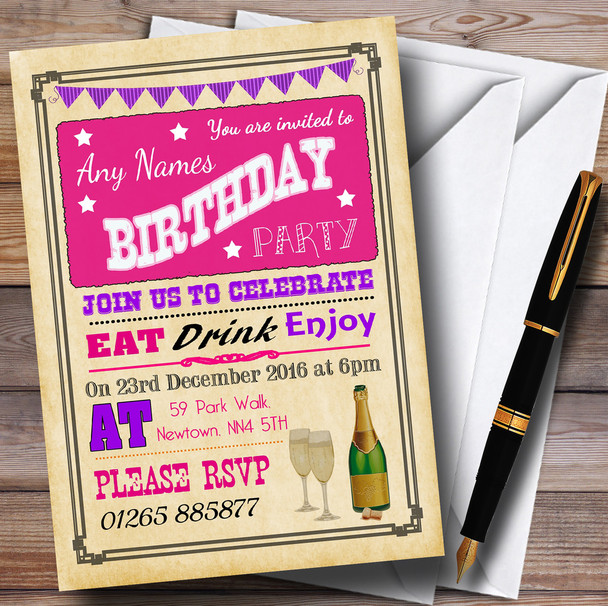 Parchment Vintage Pink Purple Personalised Birthday Party Invitations