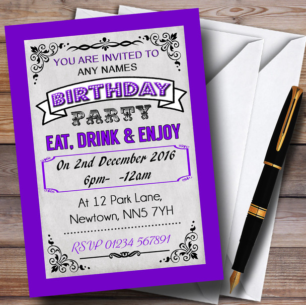 Purple Vintage Carnival Personalised Birthday Party Invitations