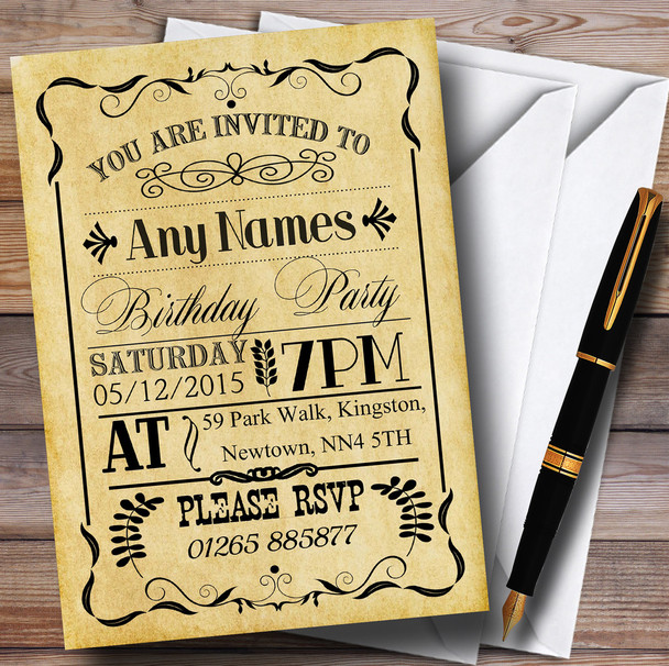 Vintage Old Style Black Personalised Birthday Party Invitations