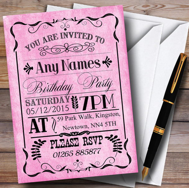 Vintage Old Style Pink Personalised Birthday Party Invitations