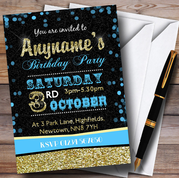 Glitter Look Sky Blue And Gold Birthday Party Personalised Invitations