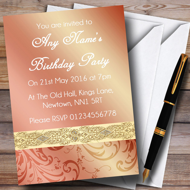 Peach Coral Damask Birthday Party Personalised Invitations