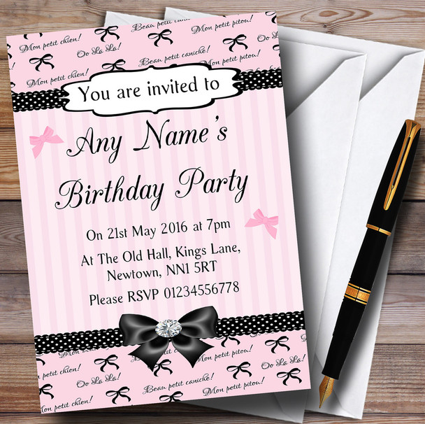 Pink Black Parisian Chic Bows Birthday Party Personalised Invitations