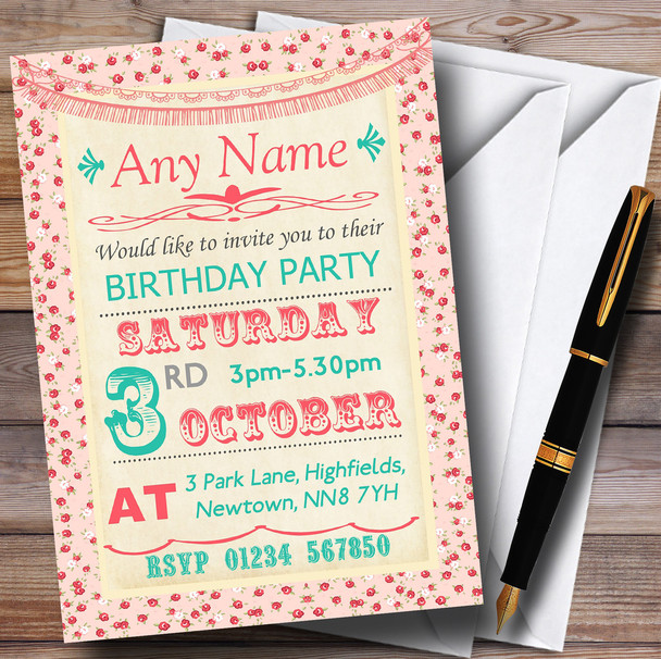 Pink Roses Shabby Chic Garland Birthday Party Personalised Invitations