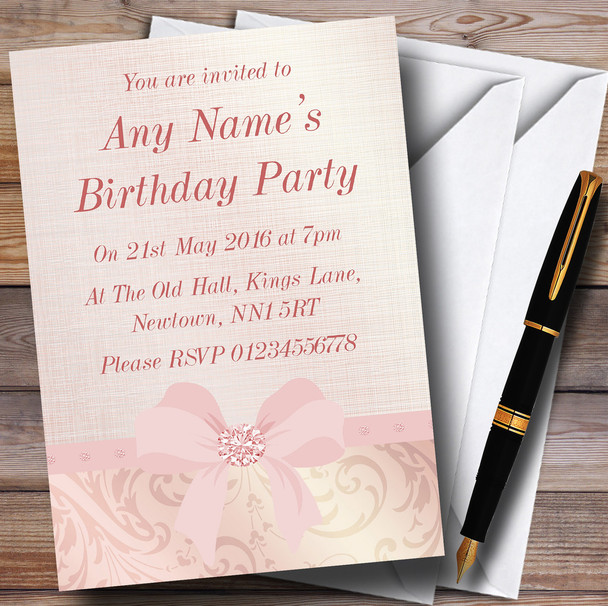 Pretty Pale Coral Pink Damask Bow Birthday Party Personalised Invitations