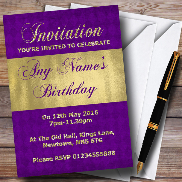 Purple And Glitter Look Gold Birthday Party Personalised Invitations