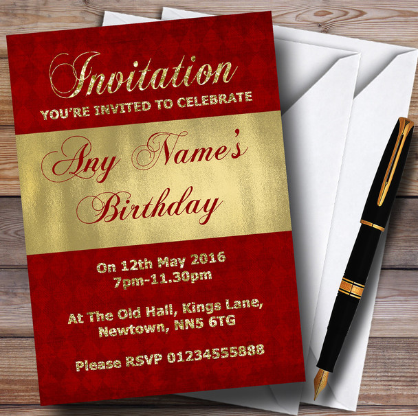 Red And Glitter Look Gold Birthday Party Personalised Invitations
