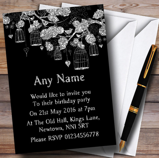 Silver And Black Vintage Birdcage Birthday Party Personalised Invitations