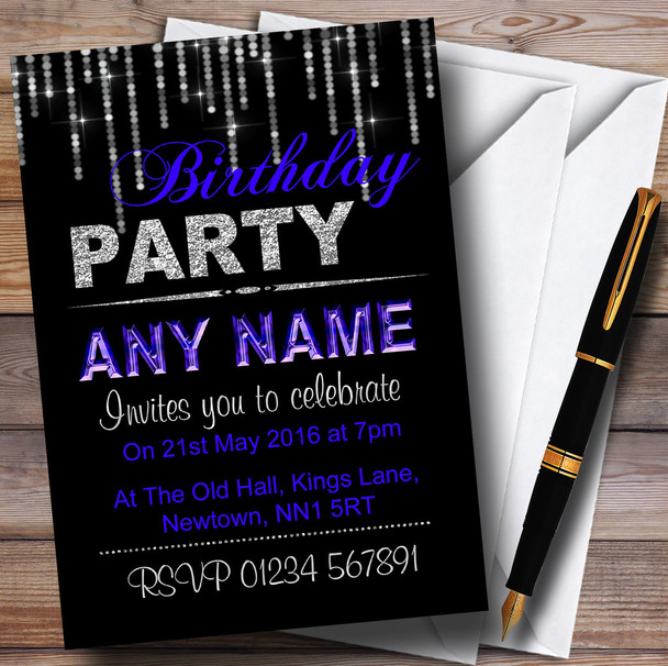Silver And Blue Glitz Birthday Party Personalised Invitations