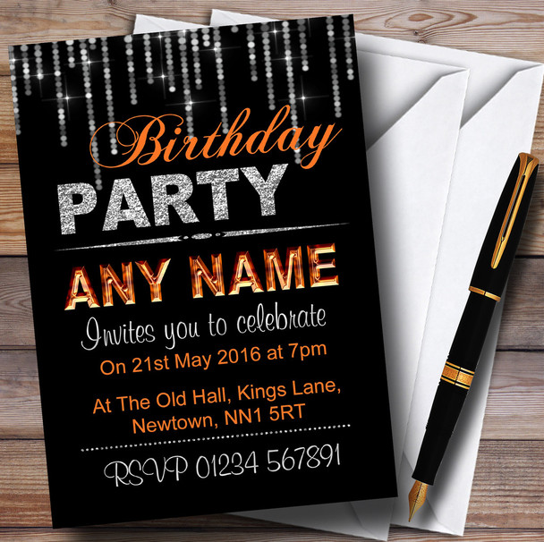 Silver And Orange Glitz Birthday Party Personalised Invitations