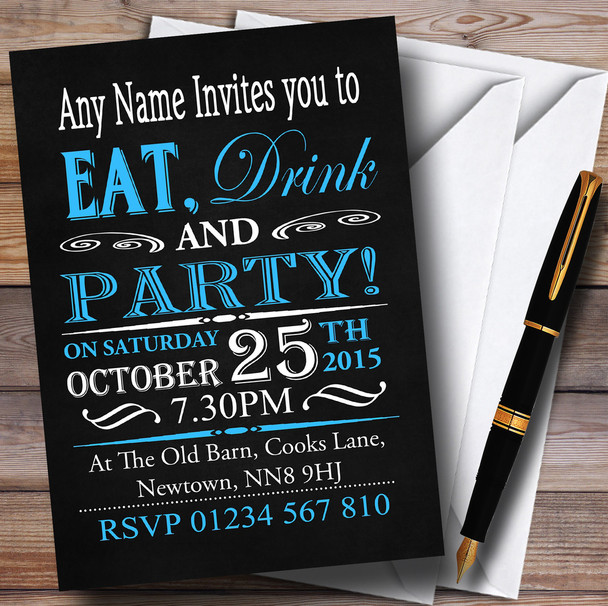 Vintage Blue And White Chalk Style Birthday Party Personalised Invitations