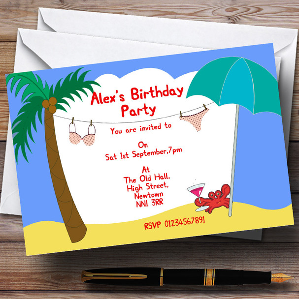 Palm Tree Beach Personalised Birthday Party Invitations
