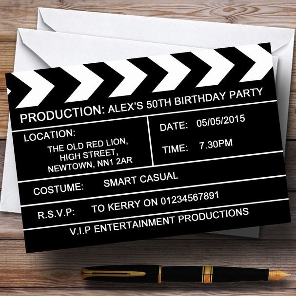 Hollywood Movie Clapboard Clapper Theme Personalised Birthday Party Invitations