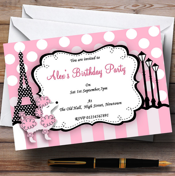 Pink Poodle Paris Theme Personalised Birthday Party Invitations