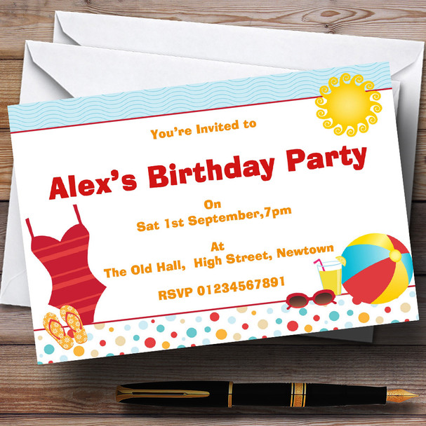 Beach Sun Pool Theme Personalised Birthday Party Invitations