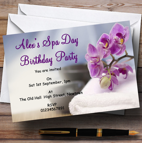 Purple Spa Day Theme Personalised Birthday Party Invitations