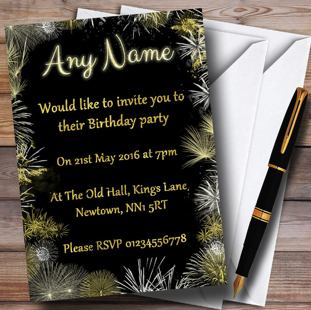 Black And Gold Fireworks Birthday Party Personalised Invitations