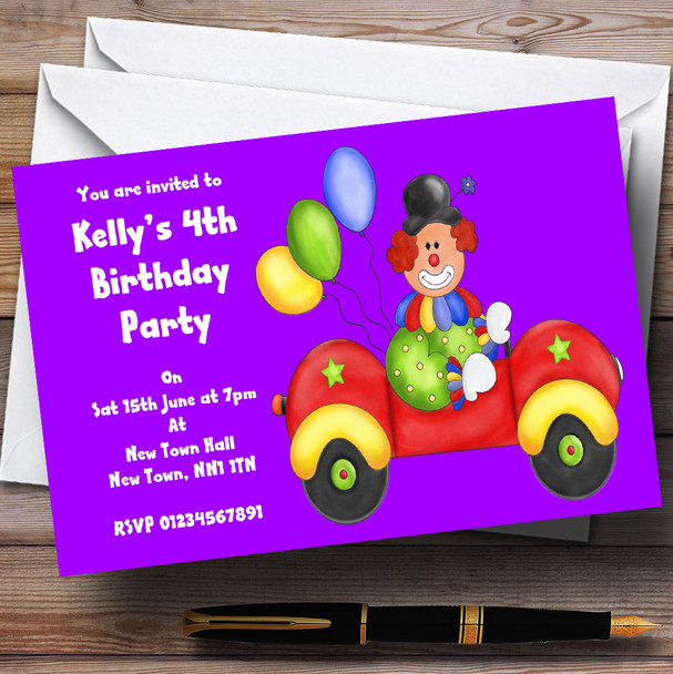 Purple Clown In Car Personalised Children's Party Invitations