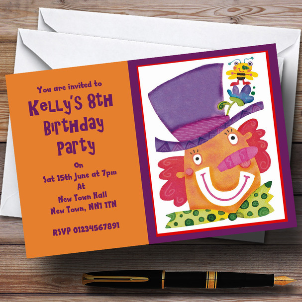 Clown Orange Purple Personalised Party Invitations