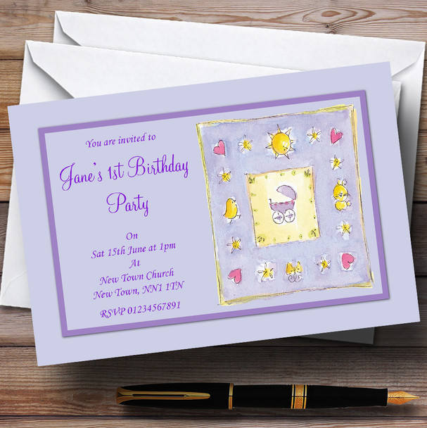 Lilac Purple Cute Baby Children's Personalised Party Invitations