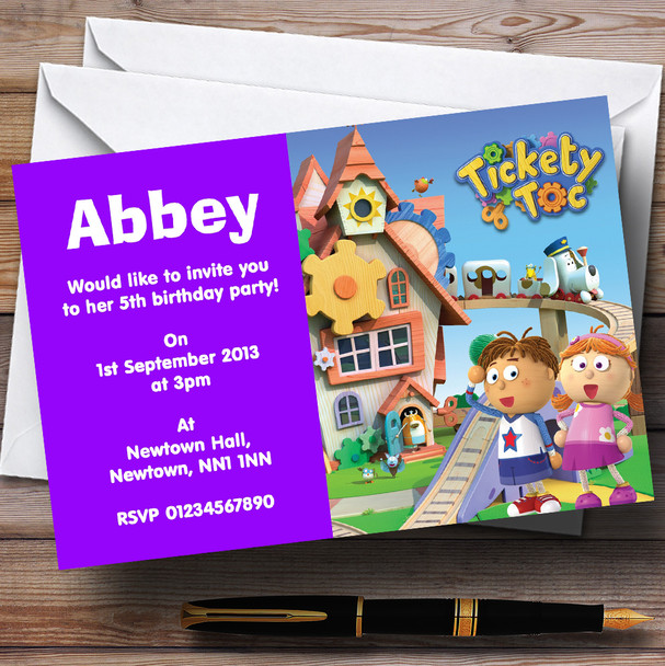 Tickety Toc Purple Personalised Children's Birthday Party Invitations