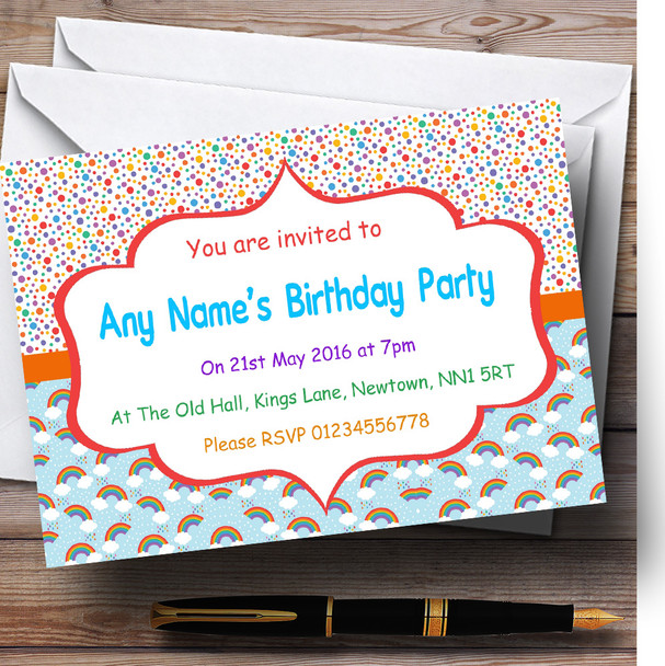 Rainbows And Polkadot Rainbow Children's Kids Party Personalised Invitations