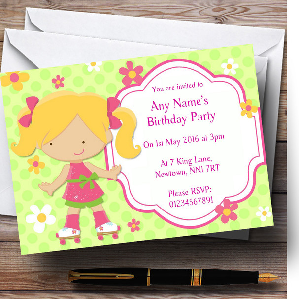 Blonde Girl Roller Skating Personalised Birthday Children's Party Invitations