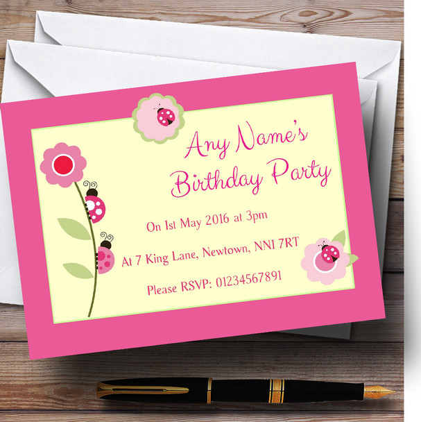 Pink Yellow Ladybirds Sweet Personalised Birthday Children's Party Invitations