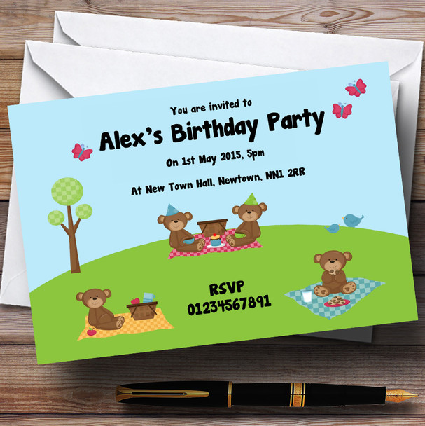Picnic Teddy Bears Personalised Birthday Party Invitations