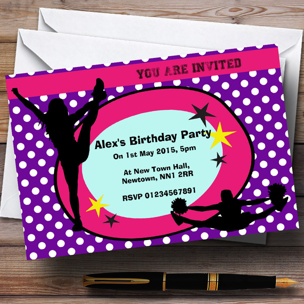 Purple Cheerleader Personalised Birthday Party Invitations