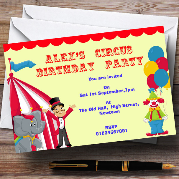 Circus Clown And Tent Theme Personalised Birthday Party Invitations