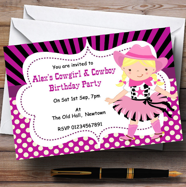 Cowgirl And Cowboy Pink Theme Personalised Birthday Party Invitations