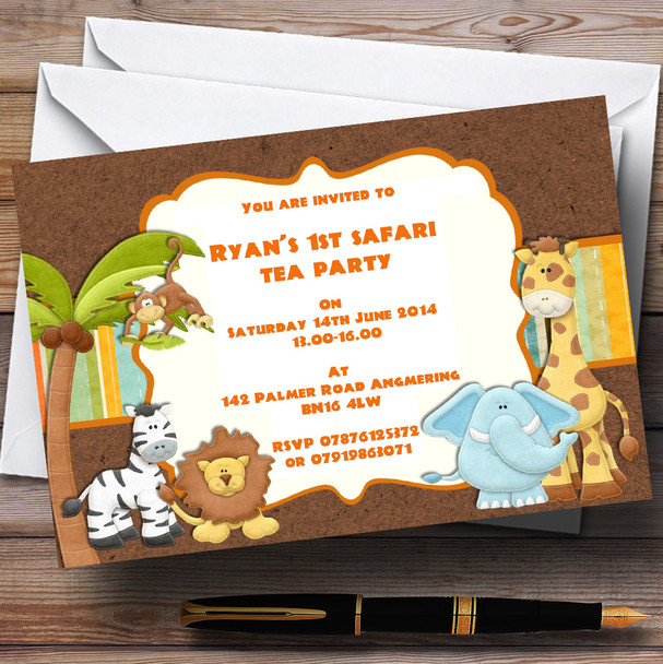 Cute Safari Jungle Animals Theme Personalised Birthday Party Invitations