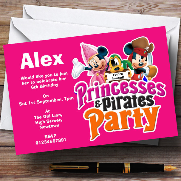 Girl's Pink Pirate And Princess Theme Personalised Birthday Party Invitations