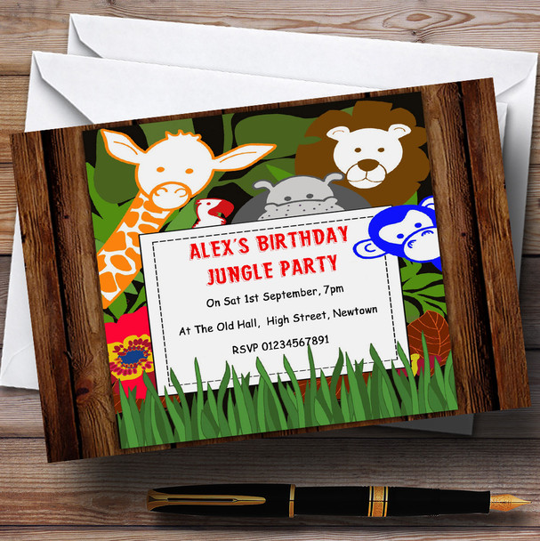 Jungle Animals Lion Hippo Giraffe Monkey Theme Personalised Birthday Party Invitations