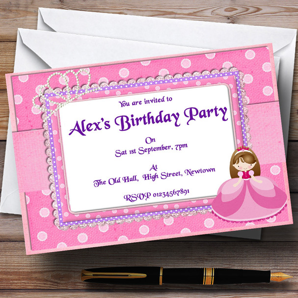 Pink And Purple Princess Theme Personalised Birthday Party Invitations