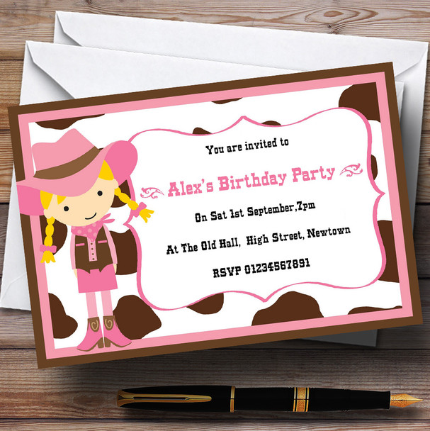 Pink Cowgirl And Cowboy Theme Personalised Birthday Party Invitations