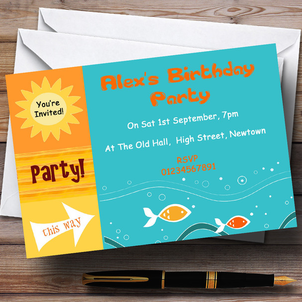 Sunny Beach Swimming Pool Theme Personalised Birthday Party Invitations