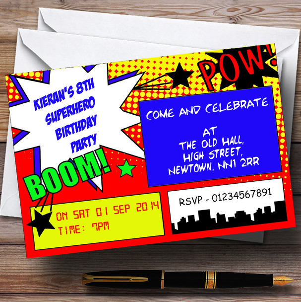 Vintage Comic Superhero Theme Personalised Birthday Party Invitations