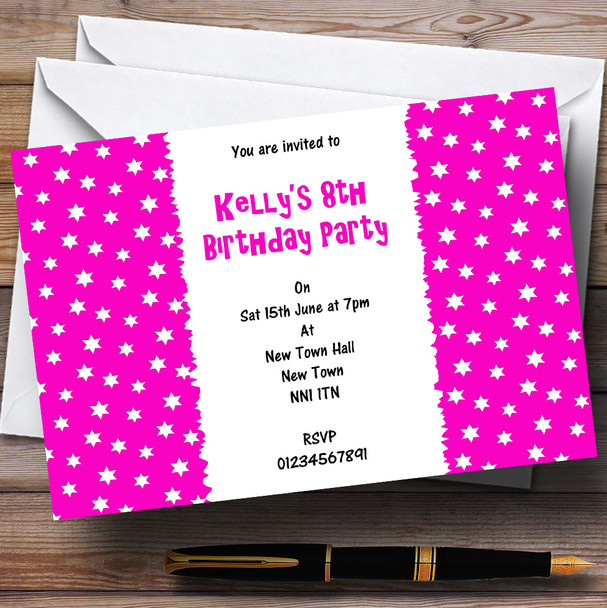 Bright Pink & White Stars Personalised Children's Party Invitations