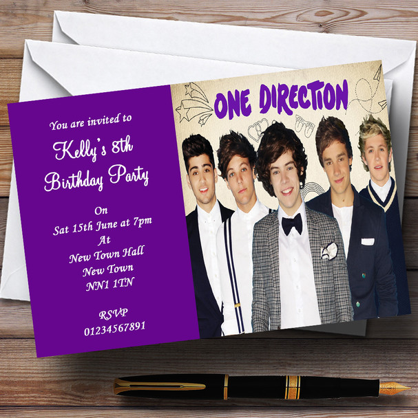 Purple One Direction D Personalised Children's Party Invitations